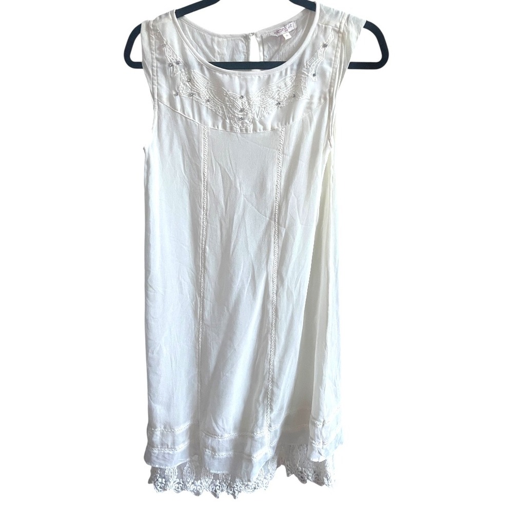 Fracomina Lace Trimmed White Sequin‎ Sleeveless Mini Dress L